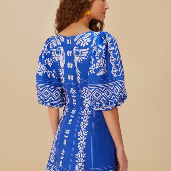 FARM Rio Blue Tropical Cross Stitch Euroflax™ Premium Linen Mini Dress Size XLTR - Picture 3 of 3